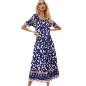 Blue Pink Floral Dress Aachoae Boho Style Blue Floral Printed Midi Dress